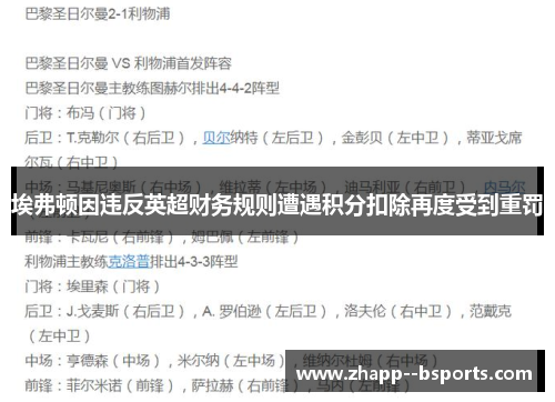 埃弗顿因违反英超财务规则遭遇积分扣除再度受到重罚 埃弗顿因违反英超财务规则遭遇积分扣除再度受到重罚